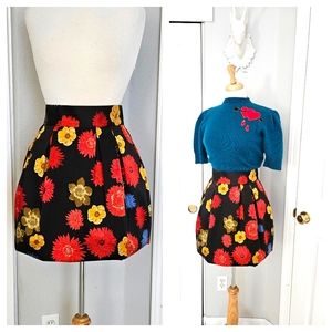 H&M Black Floral Satin Mini Party Skirt | Red and Gold Floral Skater Skirt